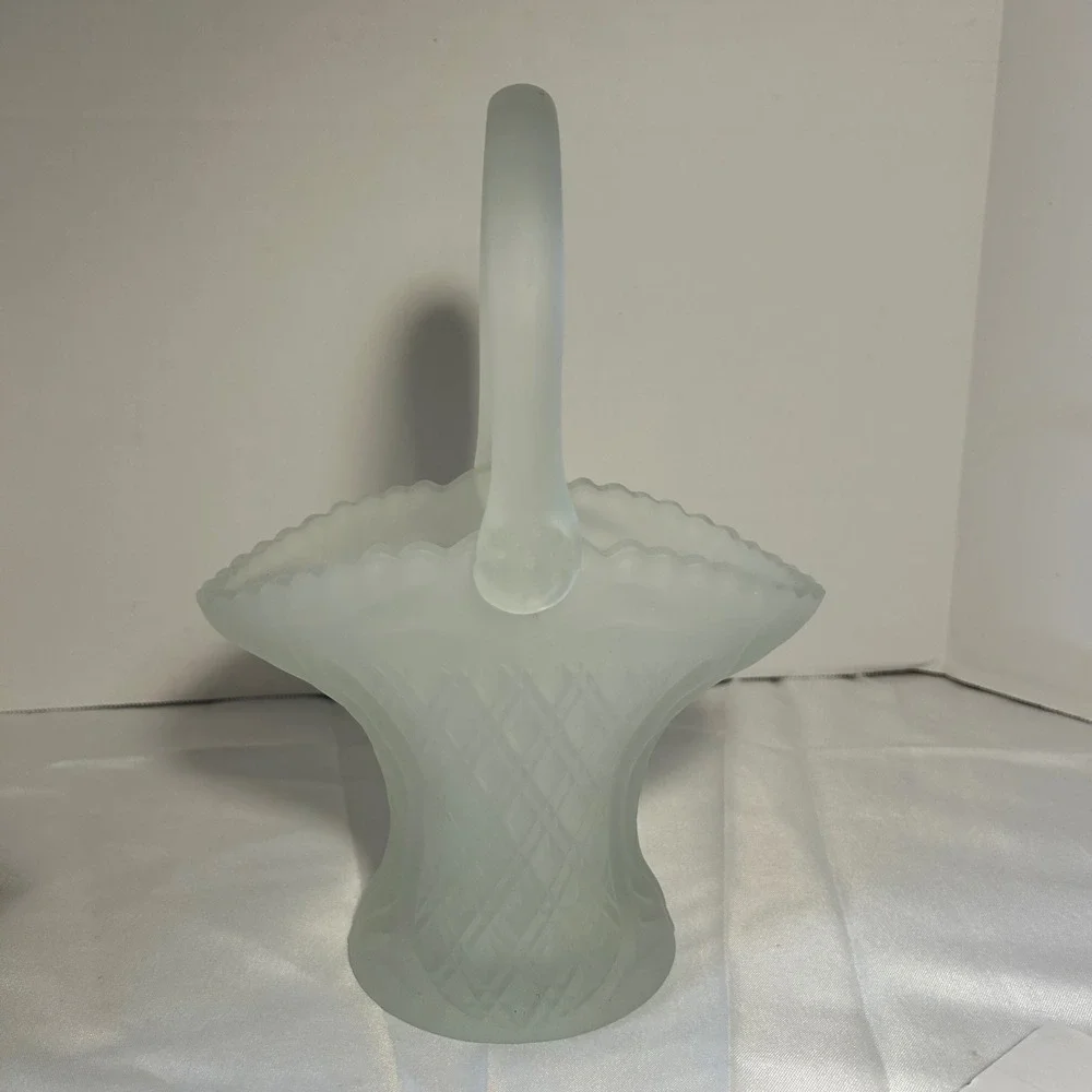 Frosted Glass Flower Basket Hobnail Rim Handle Elegant Decorative Accent